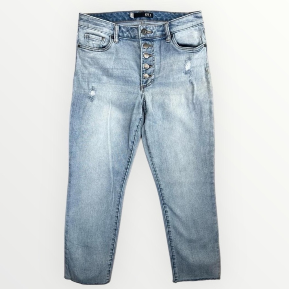 KUT From The Kloth Reese Jeans Sz 8 Light Wash High Waist Distressed Button Fly